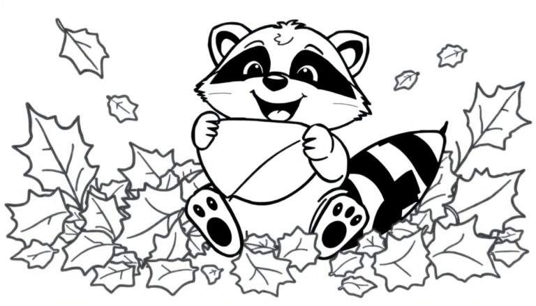 Página de colorear de un mapache lindo con una bellota y hojas de otoño.