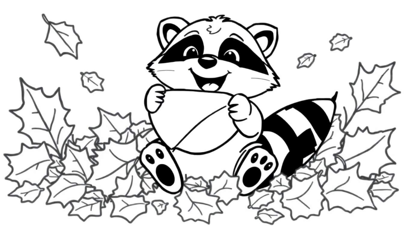 Página de colorear de un mapache lindo con una bellota y hojas de otoño.