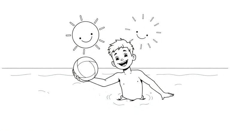 Una placa para colorear de un niño sonriente jugando con una pelota en el agua bajo el sol.