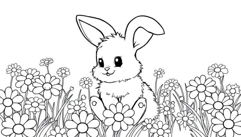 Una placa de color para colorear de un lindo conejito en un campo de flores.