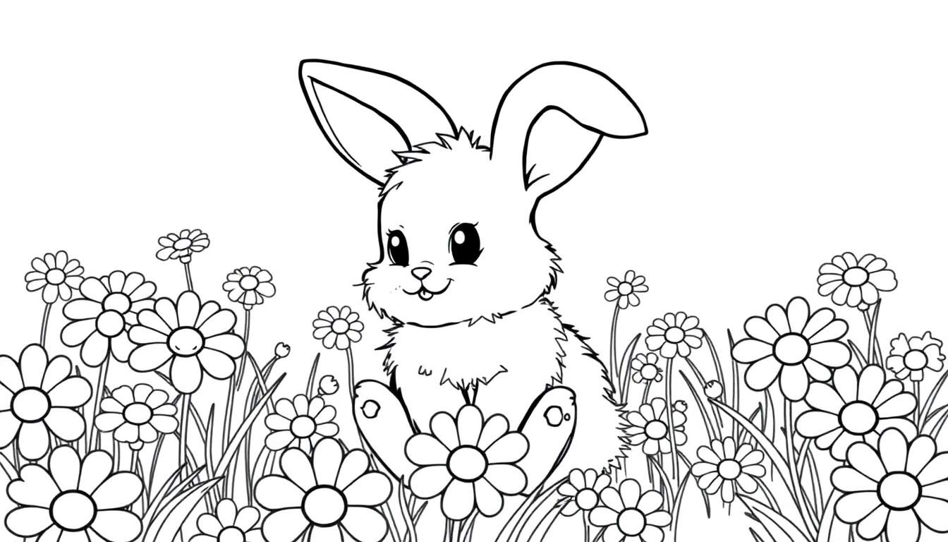 Una placa de color para colorear de un lindo conejito en un campo de flores.