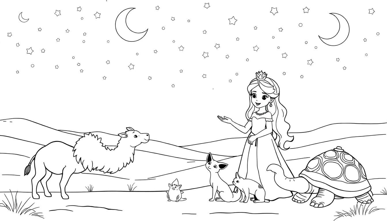 Una placa de color de la princesa Jazmín soñadora con animales del desierto bajo un cielo estrellado.
