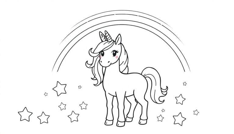 Placa de color de un unicornio de dibujos animados con arcoíris y estrellas.