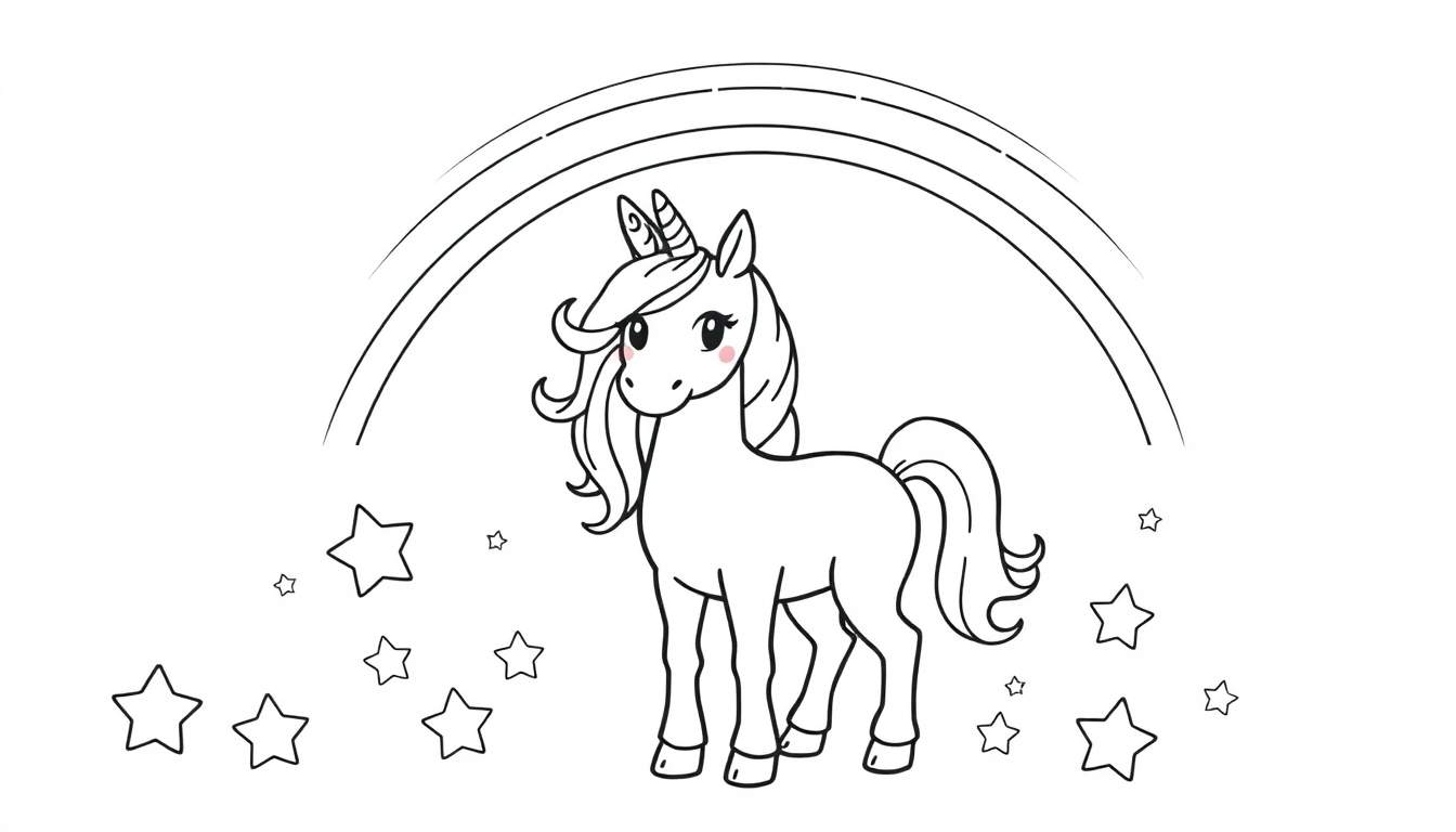 Placa de color de un unicornio de dibujos animados con arcoíris y estrellas.