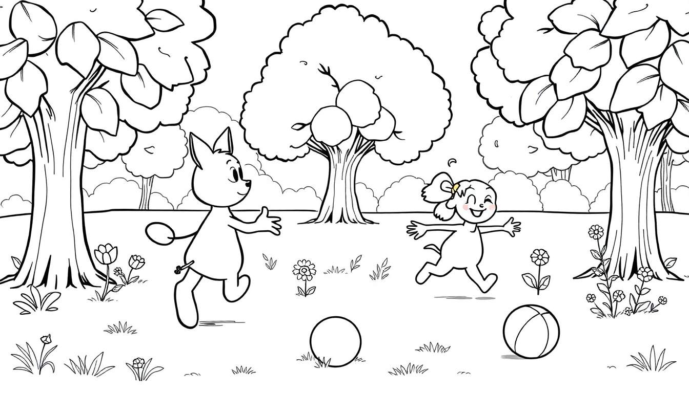 Placa de color de Bluey y Bingo corriendo alegremente en un parque, con flores y árboles.