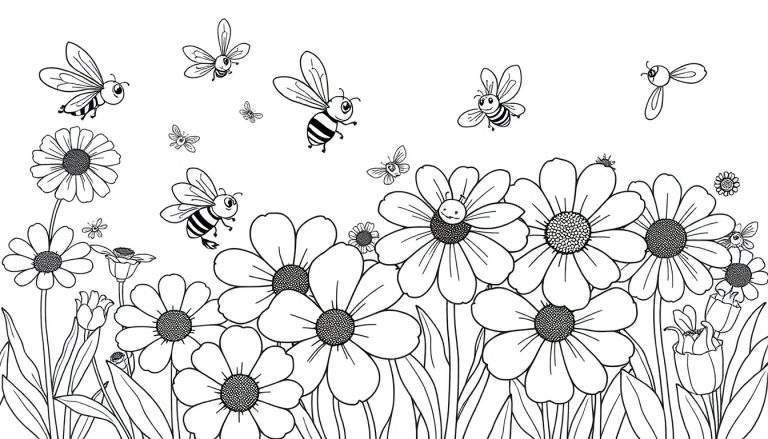 Placa de color de abejas felices revoloteando sobre flores, un dibujo lineal en blanco y negro para colorear.