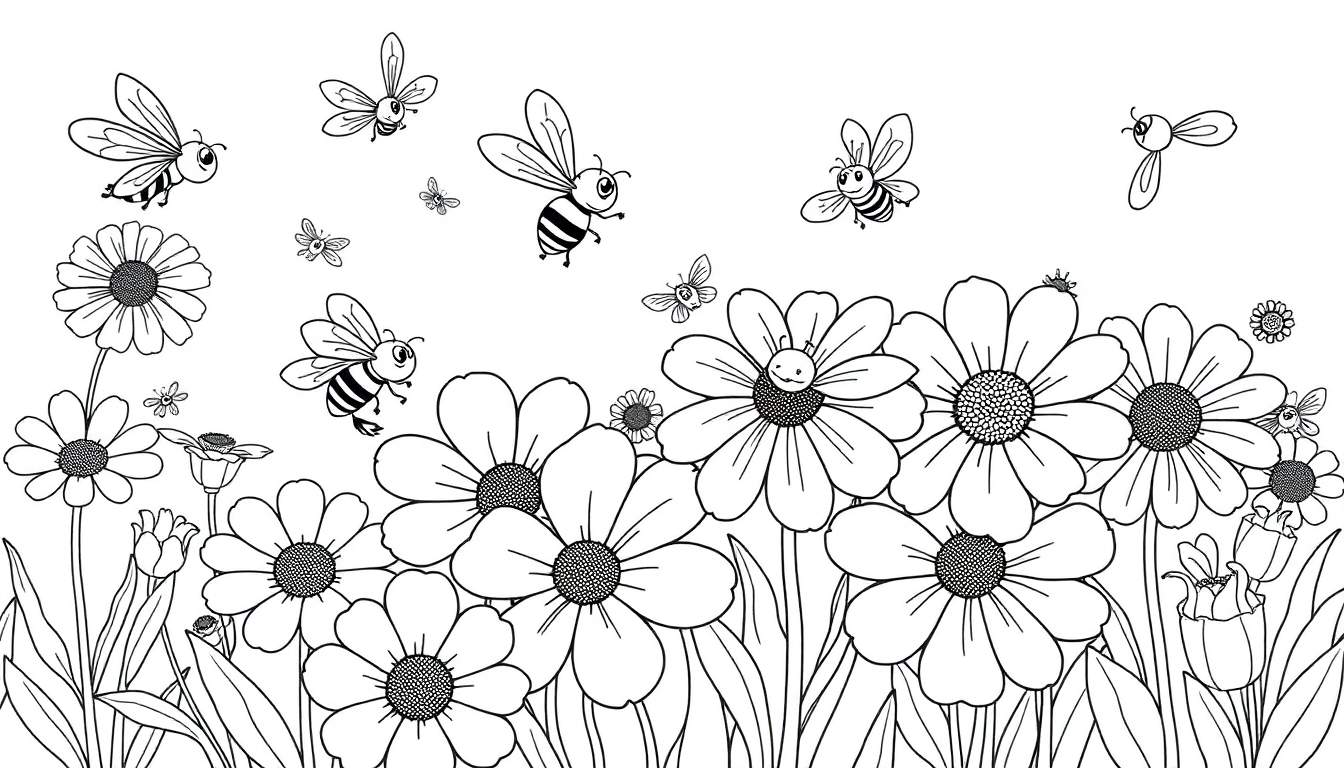 Placa de color de abejas felices revoloteando sobre flores, un dibujo lineal en blanco y negro para colorear.