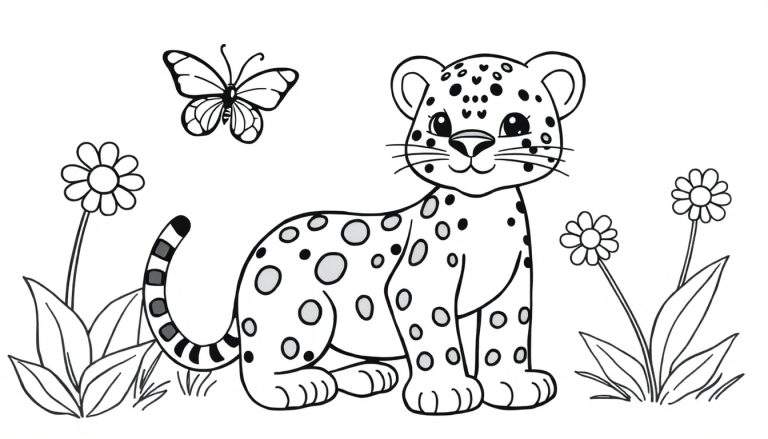 Un dibujo a blanco y negro de un cachorro de leopardo en un jardín, listo para colorear. Incluye una placa de color.