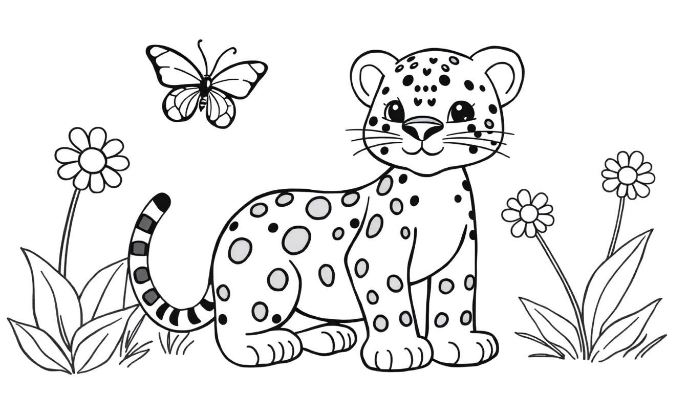 Un dibujo a blanco y negro de un cachorro de leopardo en un jardín, listo para colorear. Incluye una placa de color.