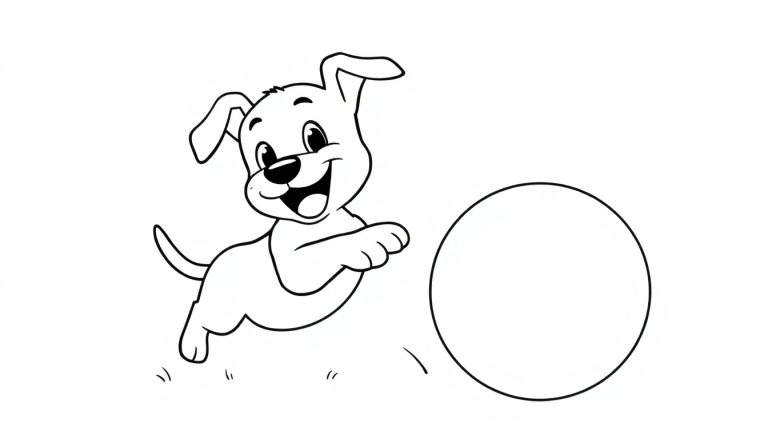 Un cachorro feliz saltando hacia una pelota, listo para colorear en una placa de color.