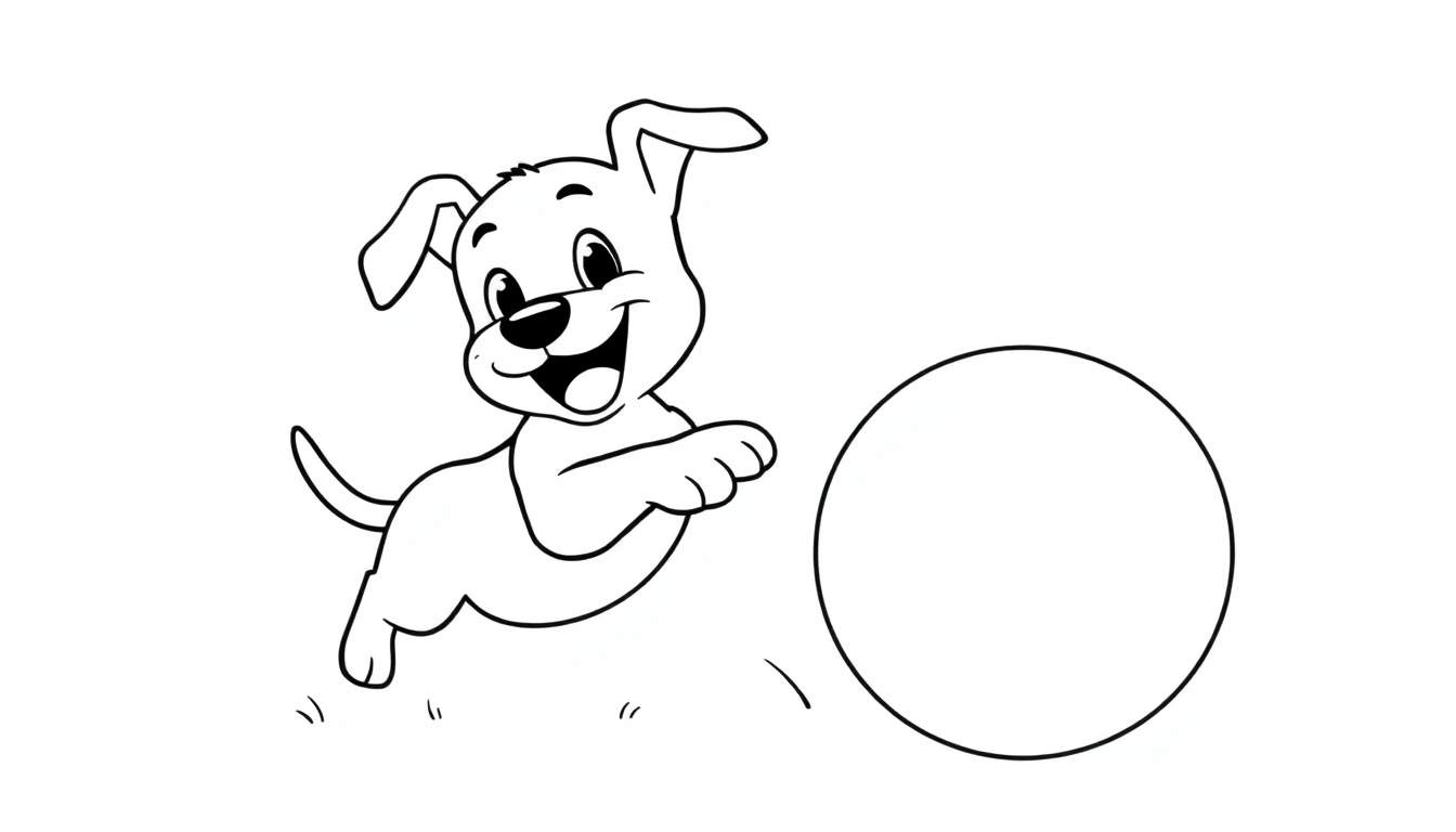 Un cachorro feliz saltando hacia una pelota, listo para colorear en una placa de color.