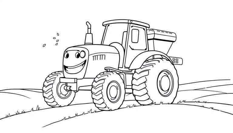Un dibujo lineal de un tractor sonriente arando un campo, listo para ser coloreado.