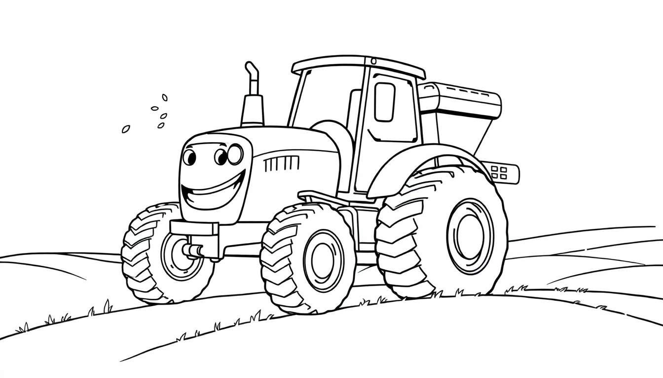 Un dibujo lineal de un tractor sonriente arando un campo, listo para ser coloreado.