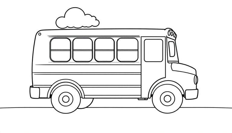 Un autobús escolar dibujado para colorear, con la placa de color visible.