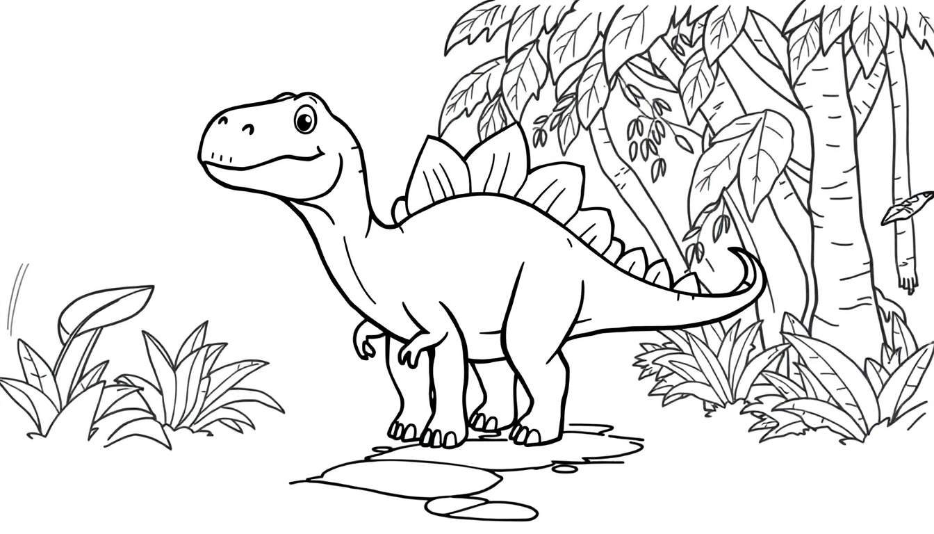 Un dibujo de un Stegosaurus de libro para colorear con grandes placas dorsales, listo para ser coloreado.
