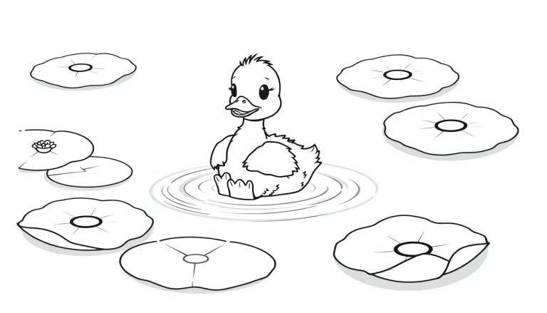 Un patito juguetón listo para la placa de color en un estanque de nenúfares.