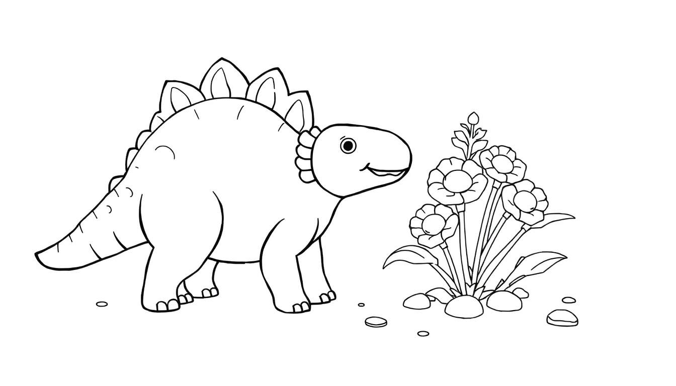Estegosaurio sonriente con placas de color jugando entre flores.