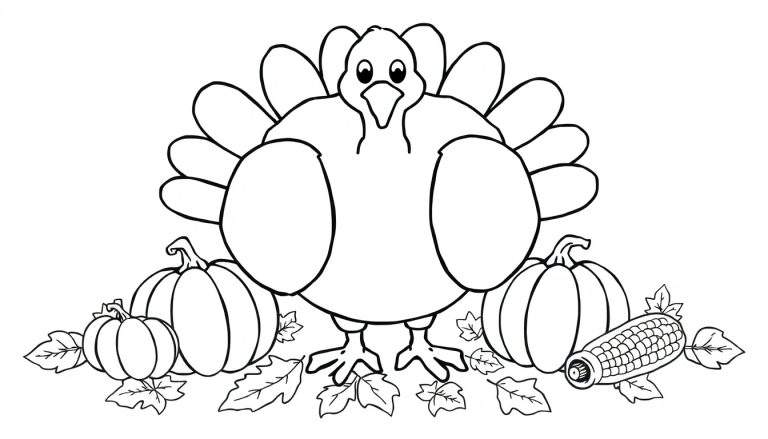 Página para colorear de Acción de Gracias con un pavo amigable, calabazas y maíz, diseño de placa de color.