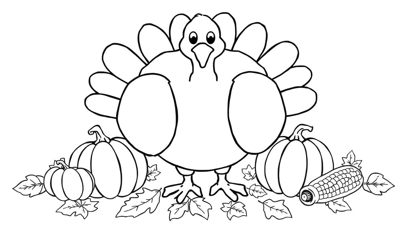 Página para colorear de Acción de Gracias con un pavo amigable, calabazas y maíz, diseño de placa de color.