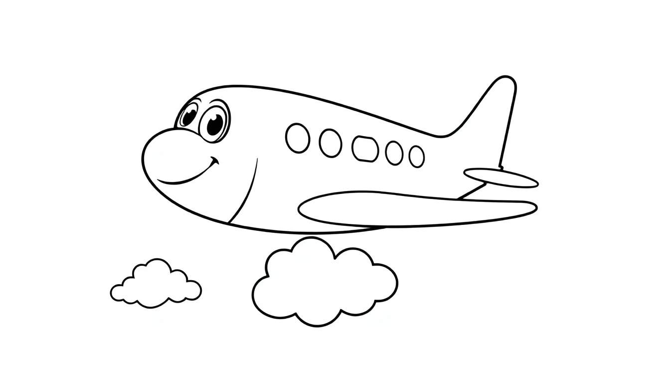 Placa de color de un avión amigable volando entre nubes.