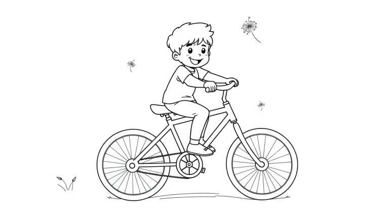 Placa de color de un niño feliz en bicicleta.