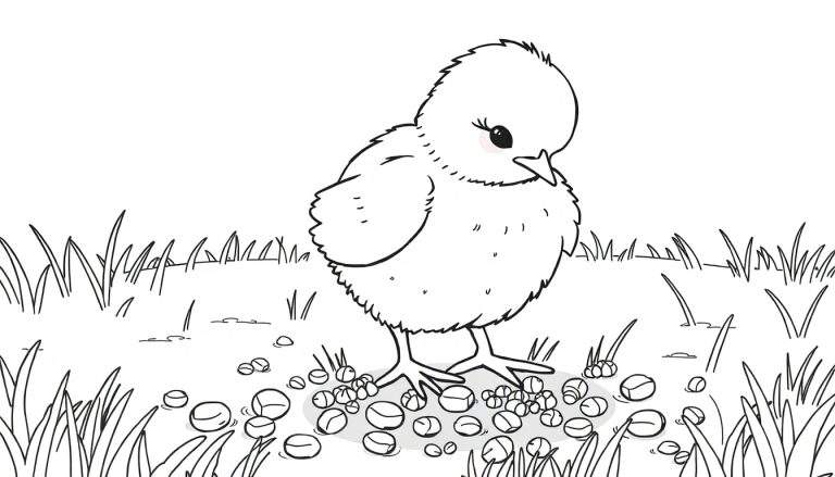 Pollito de dibujos animados blanco y mullido con líneas negras gruesas sobre un fondo blanco, listo para colorear.