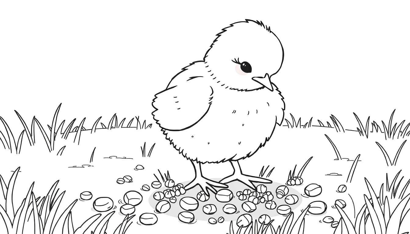 Pollito de dibujos animados blanco y mullido con líneas negras gruesas sobre un fondo blanco, listo para colorear.