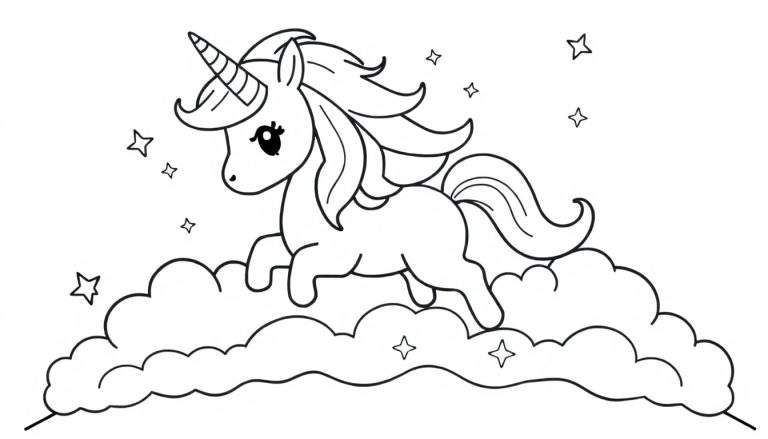 Placa de color de un unicornio amigable en una nube con estrellas.