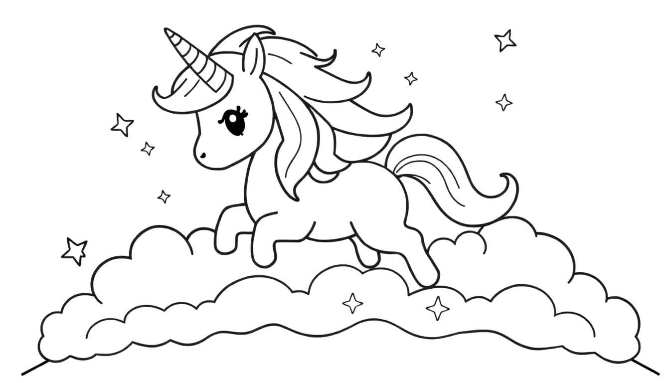 Placa de color de un unicornio amigable en una nube con estrellas.