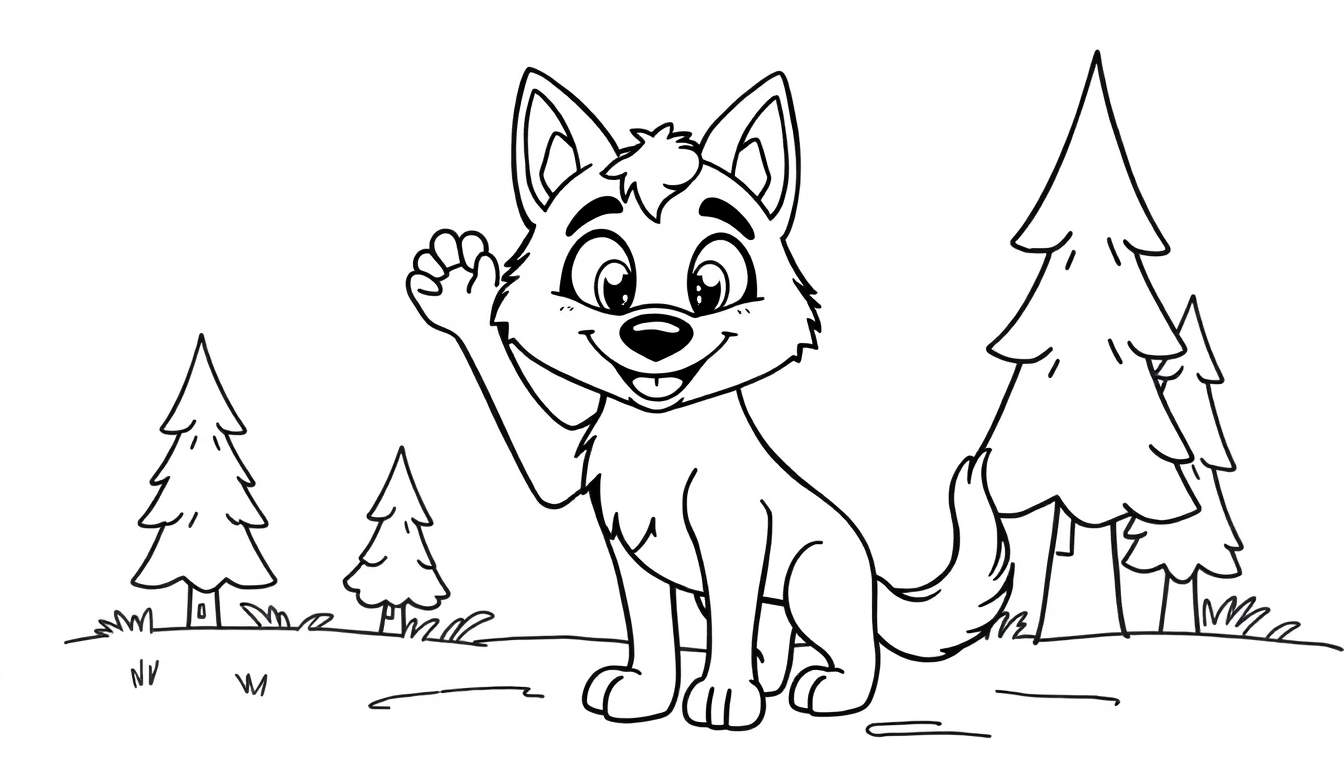 Un lobo de dibujos animados saludando, listo para la placa de color, en un bosque con árboles de pino y hierba.