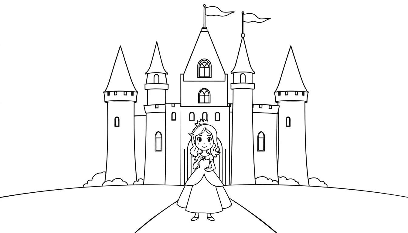 Ilustración de un castillo de cuento de hadas con una princesa esperando, solo líneas en blanco y negro para colorear, como en una placa de color.