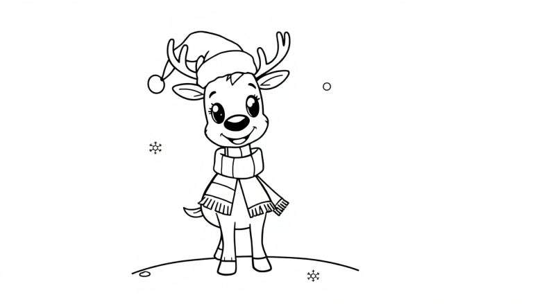 Placa de color de un reno navideño amigable con gorro de Papá Noel y bufanda.