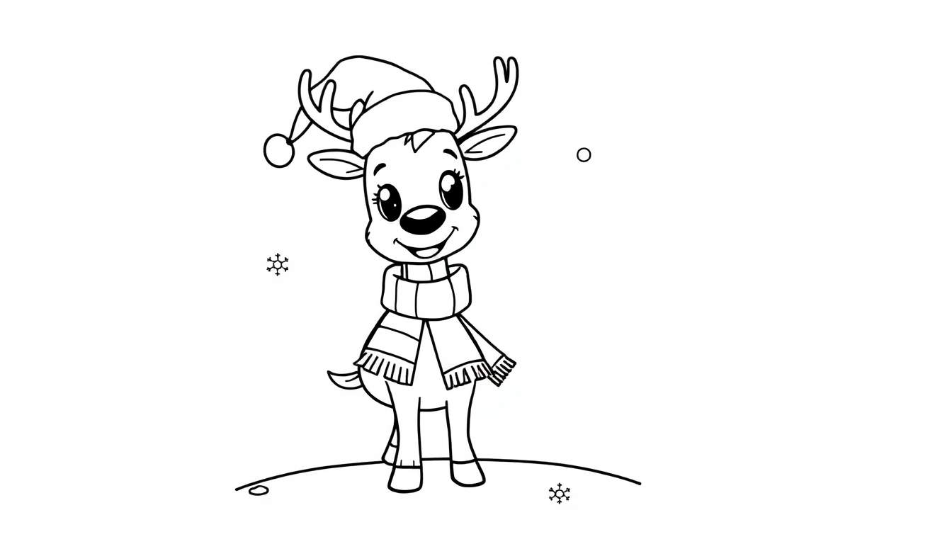 Placa de color de un reno navideño amigable con gorro de Papá Noel y bufanda.