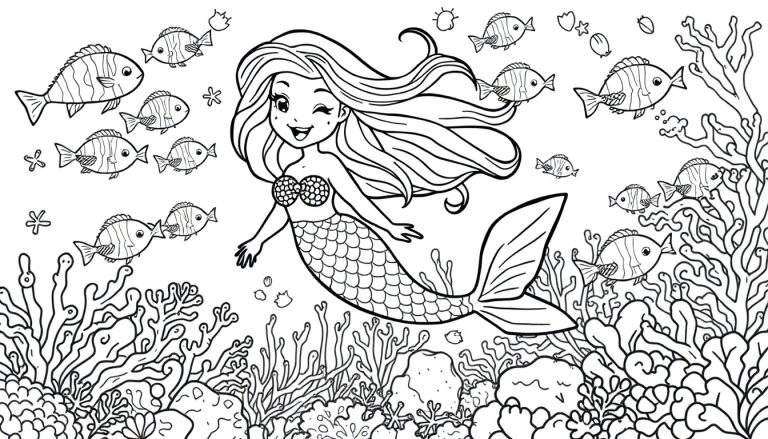 Placa de color de una sirena sonriente con pelo largo y ondulado, un top de conchas y una cola de pez escamada, nadando con peces de colores en un arrecife de coral.