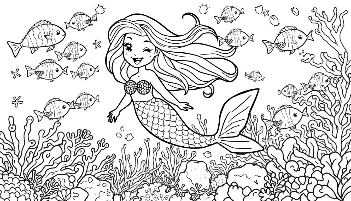 Placa de color de una sirena sonriente con pelo largo y ondulado, un top de conchas y una cola de pez escamada, nadando con peces de colores en un arrecife de coral.
