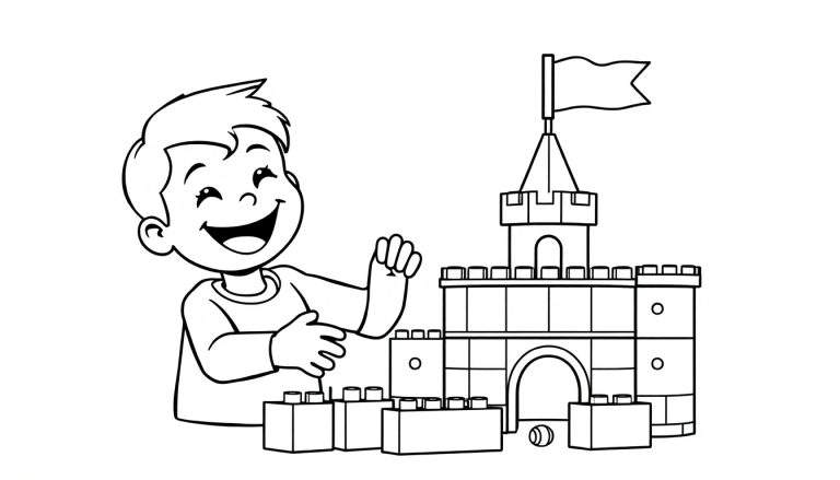 Un niño sonriente construyendo un castillo de bloques de colores, página para colorear, placa de color.