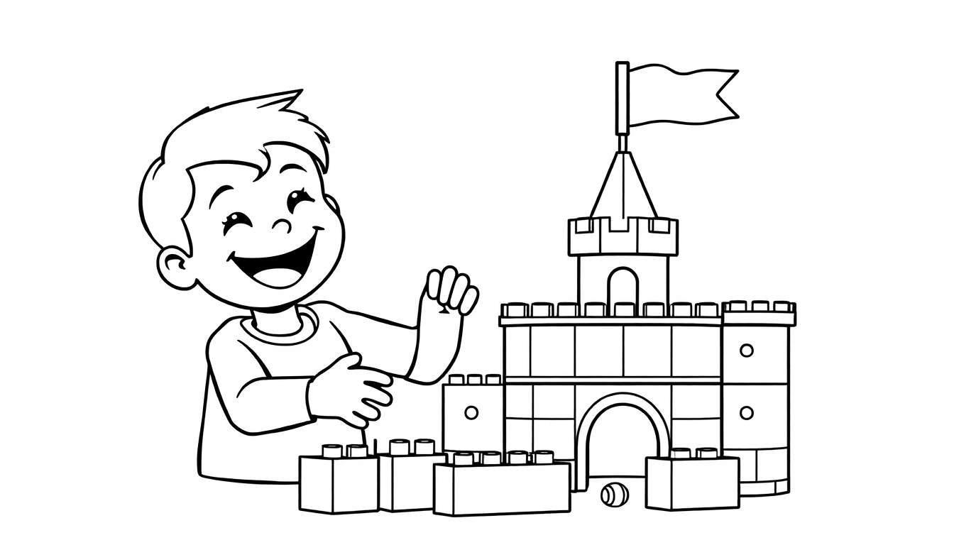 Un niño sonriente construyendo un castillo de bloques de colores, página para colorear, placa de color.