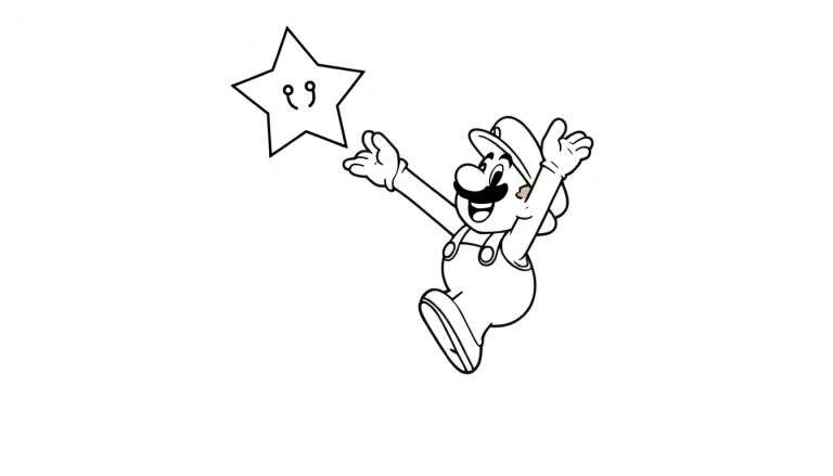 Placa de color de Luigi saltando hacia una estrella brillante.