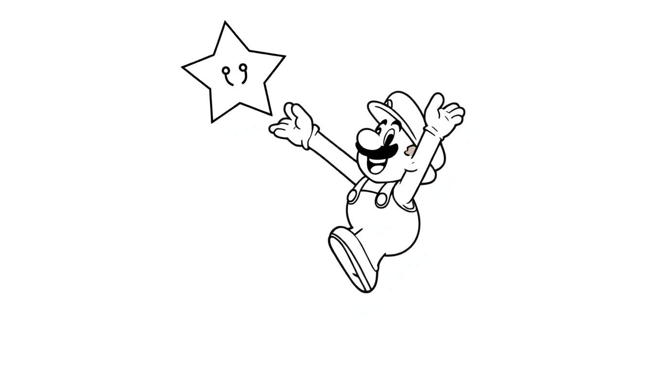 Placa de color de Luigi saltando hacia una estrella brillante.