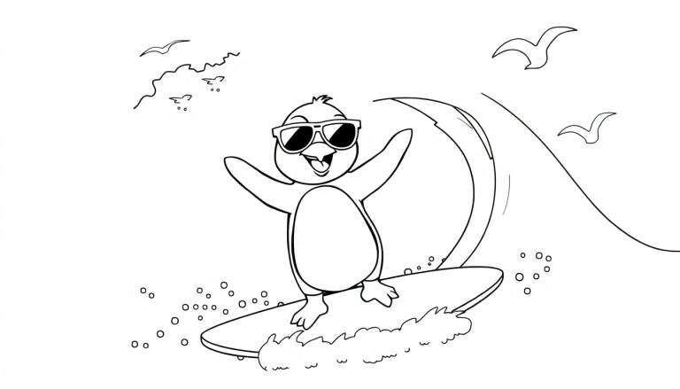 Un pingüino feliz con gafas de sol surfeando una ola, listo para ser coloreado.