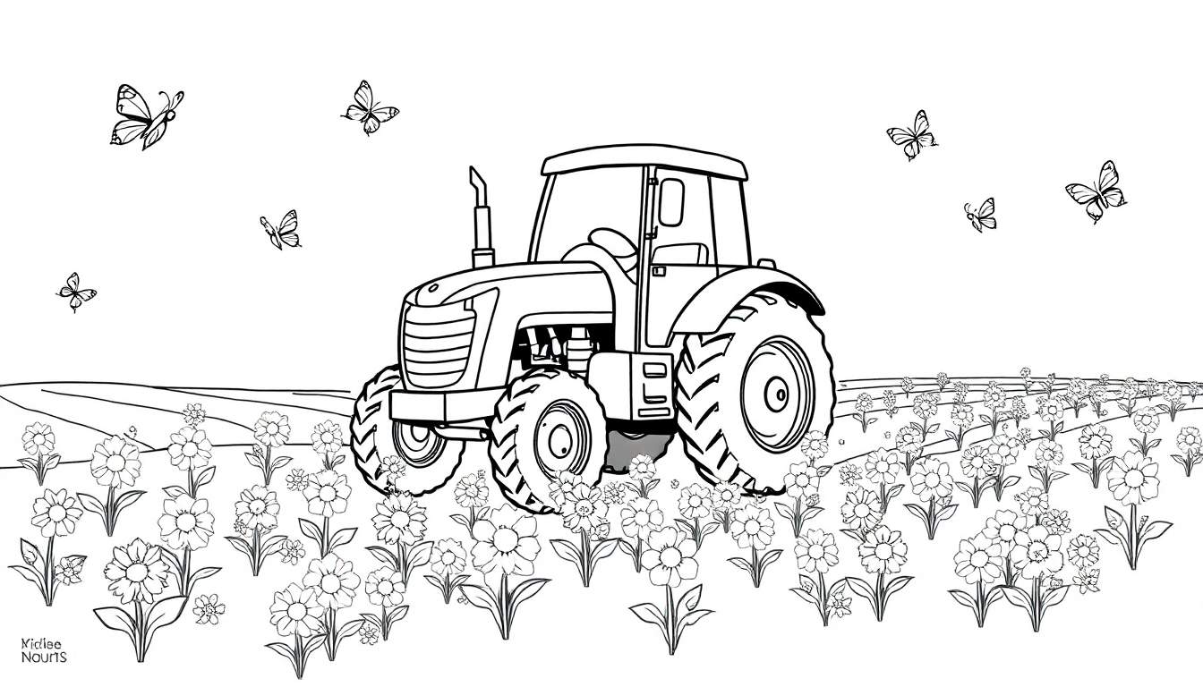 Placa de color de un tractor amigable pintando un campo de girasoles y mariposas.