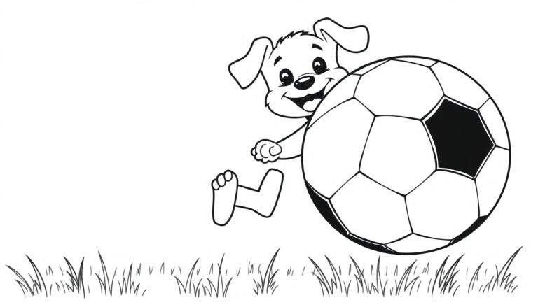 Un cachorrito de caricatura sonriente corriendo en un campo de hierba con un balón de fútbol, listo para ser coloreado en una placa de color.