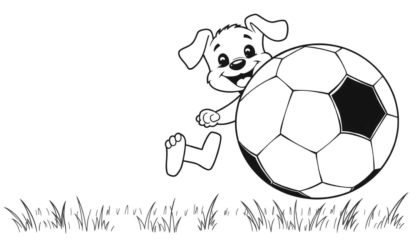 Un cachorrito de caricatura sonriente corriendo en un campo de hierba con un balón de fútbol, listo para ser coloreado en una placa de color.
