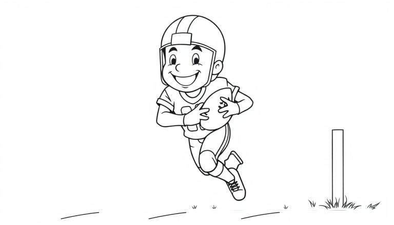 Niño sonriente con uniforme de fútbol americano corriendo con un balón, página para colorear de placa de color.