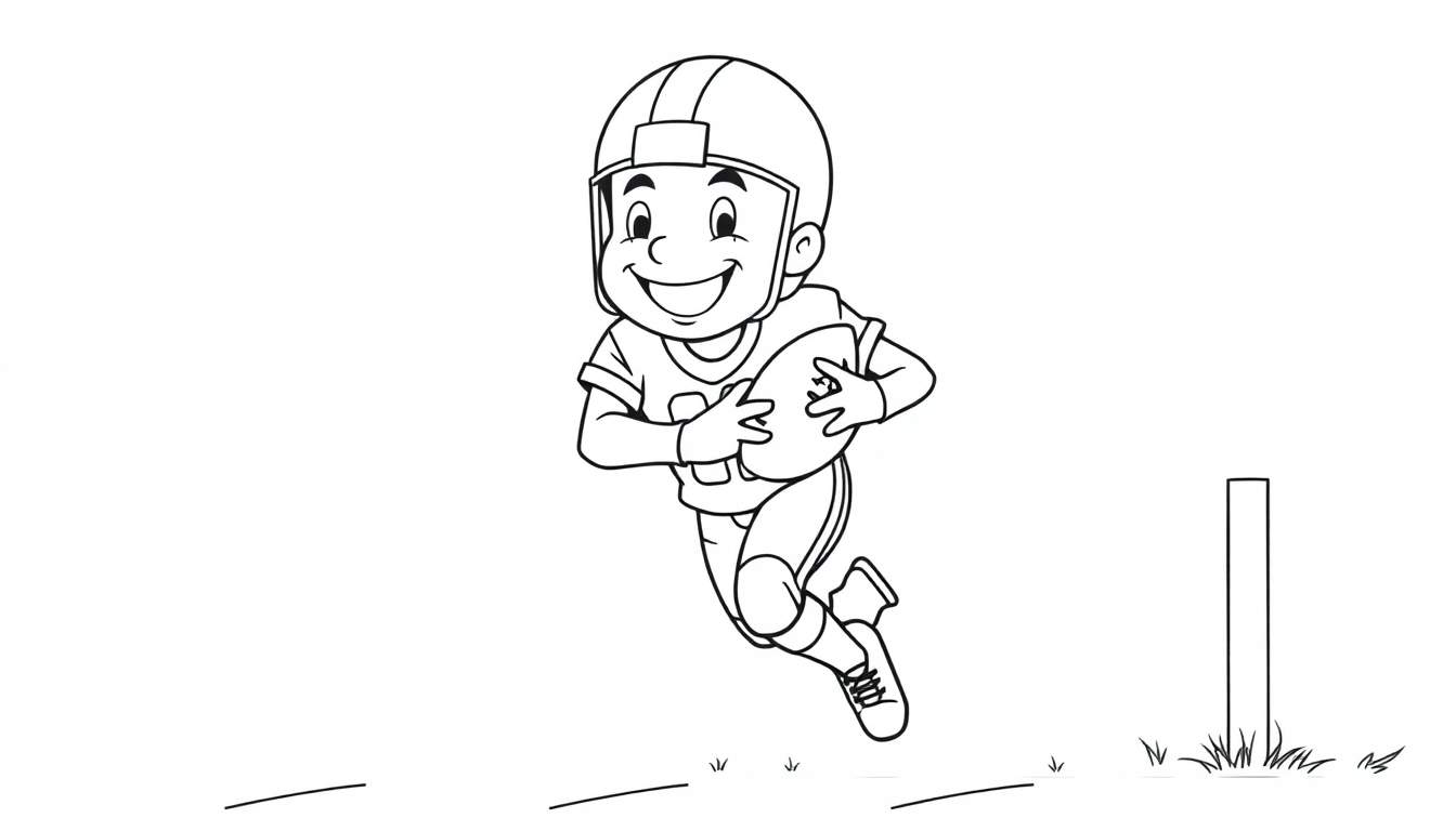 Niño sonriente con uniforme de fútbol americano corriendo con un balón, página para colorear de placa de color.