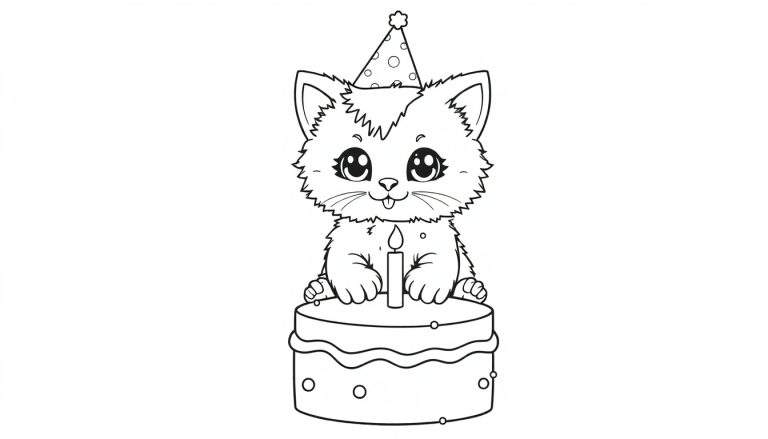Gatito de cumpleaños para colorear, una placa de color para la diversión.
