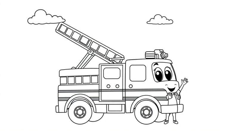 Un dibujo a lápiz de un camión de bomberos amigable listo para la acción, con una página para colorear en blanco y negro.