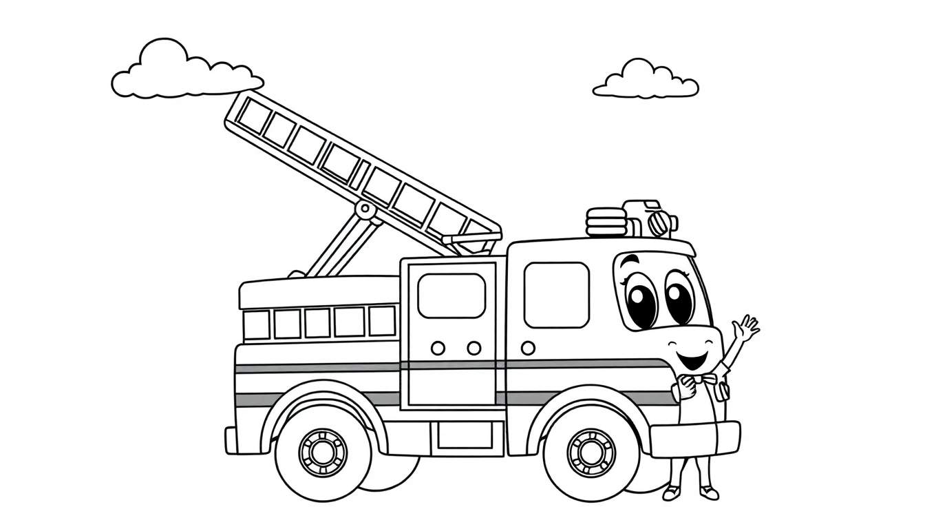 Un dibujo a lápiz de un camión de bomberos amigable listo para la acción, con una página para colorear en blanco y negro.