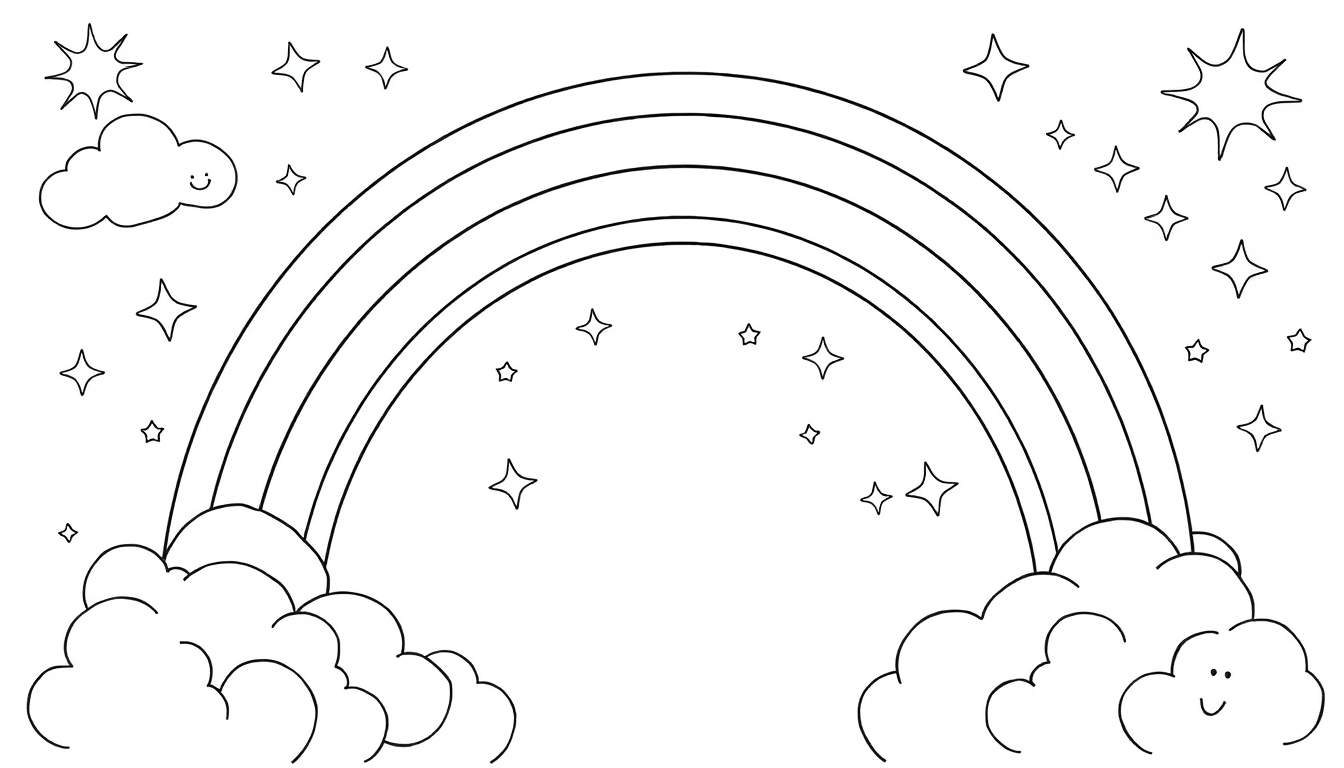 Dibujo para colorear de un arcoíris gigante con nubes sonrientes y estrellas brillantes, listo para añadirle color. La placa de color del arcoíris se eleva desde nubes amistosas.
