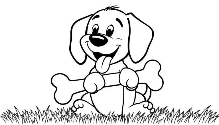 Un dibujo de un perro blanco y negro feliz, listo para colorear con una placa de color, sosteniendo un hueso.